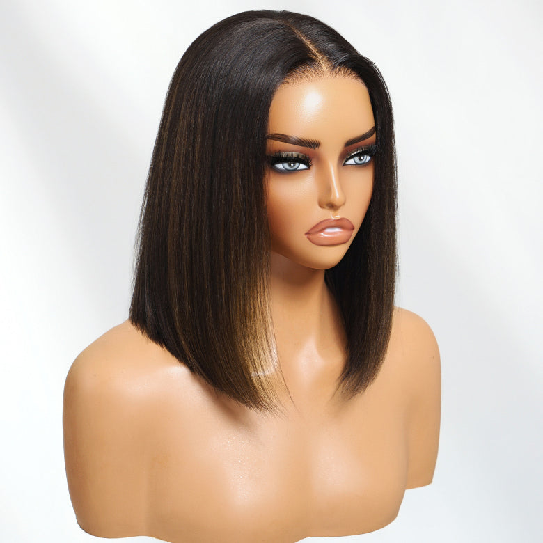 Klaiyi 7x5 Natural Black with Brown Highlights Yaki Straight Short Bob Bye Bye Knots Human Hair with Invisi Drawstring