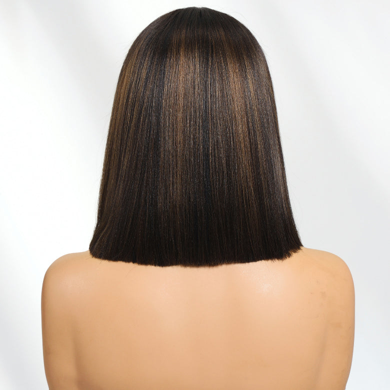 Klaiyi 7x5 Natural Black with Brown Highlights Yaki Straight Short Bob Bye Bye Knots Human Hair with Invisi Drawstring