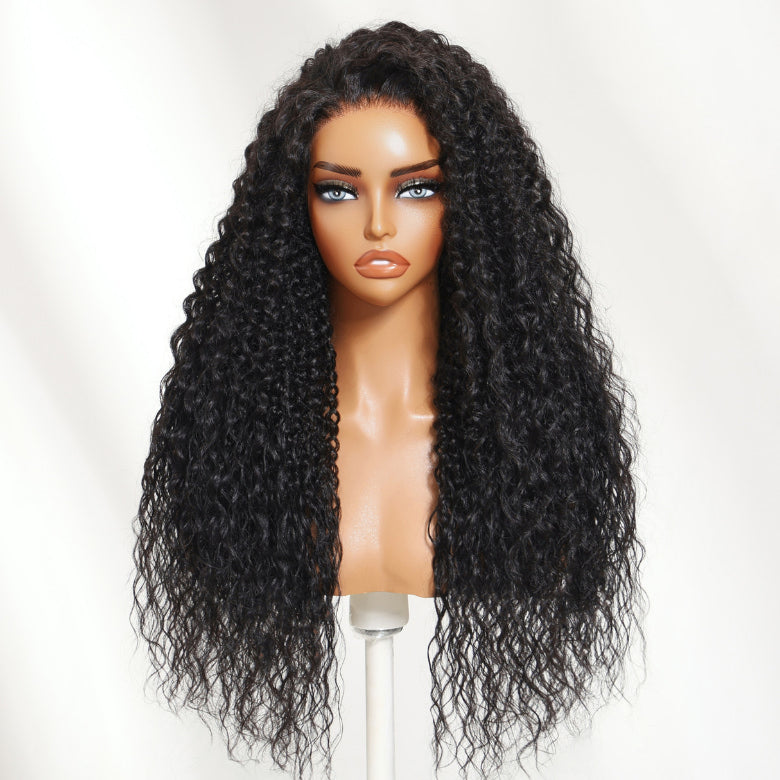 Klaiyi 7×5 Bye Bye Knots Jerry Curly Top with Water Wave Ends Natural Black Pre-Everything Lace Frontal Wig with Invisi Drawstring