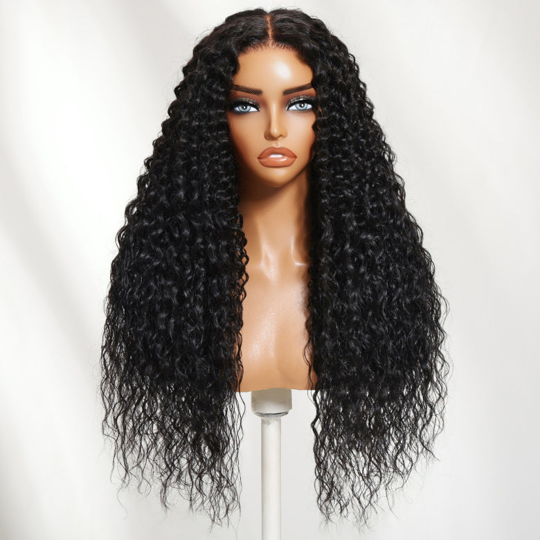 Klaiyi 7×5 Bye Bye Knots Jerry Curly Top with Water Wave Ends Natural Black Pre-Everything Lace Frontal Wig with Invisi Drawstring