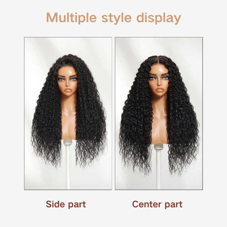 Klaiyi 7×5 Bye Bye Knots Jerry Curly Top with Water Wave Ends Natural Black Pre-Everything Lace Frontal Wig with Invisi Drawstring