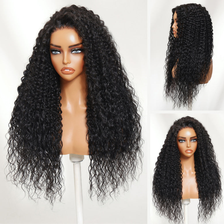 Klaiyi 7×5 Bye Bye Knots Jerry Curly Top with Water Wave Ends Natural Black Pre-Everything Lace Frontal Wig with Invisi Drawstring