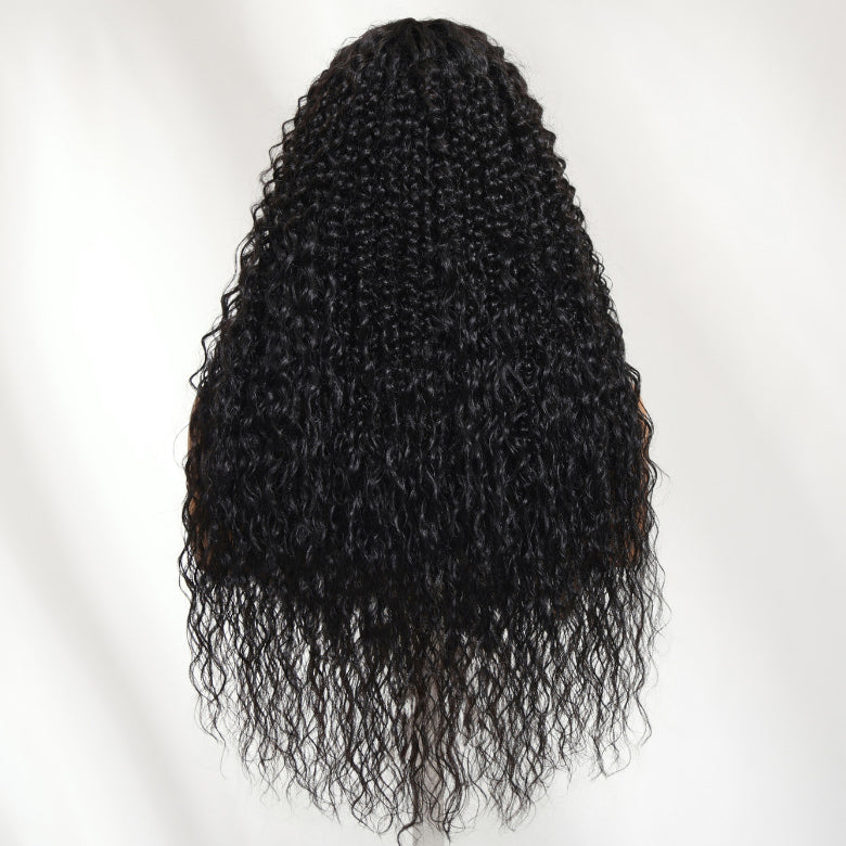 Klaiyi 7×5 Bye Bye Knots Jerry Curly Top with Water Wave Ends Natural Black Pre-Everything Lace Frontal Wig with Invisi Drawstring