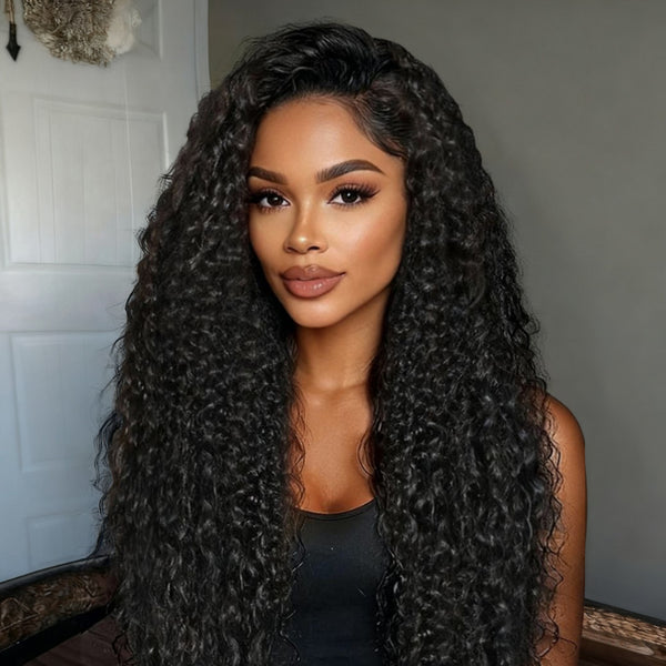 Klaiyi 7×5 Bye Bye Knots Jerry Curly Top with Water Wave Ends Natural Black Pre-Everything Lace Frontal Wig with Invisi Drawstring