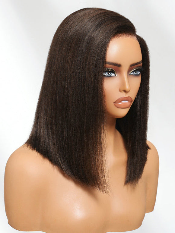 Perruque Klaiyi 7×5 Brun Chocolat Foncé, raie sur le côté, coupe au carré lisse Yaki, nœuds invisibles. 