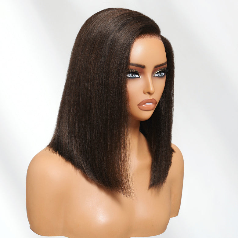 Klaiyi 7×5 Dark Chocolate Brown Side Part Yaki Straight Bob Bye-Bye Knots Wig with Invisi Drawstring