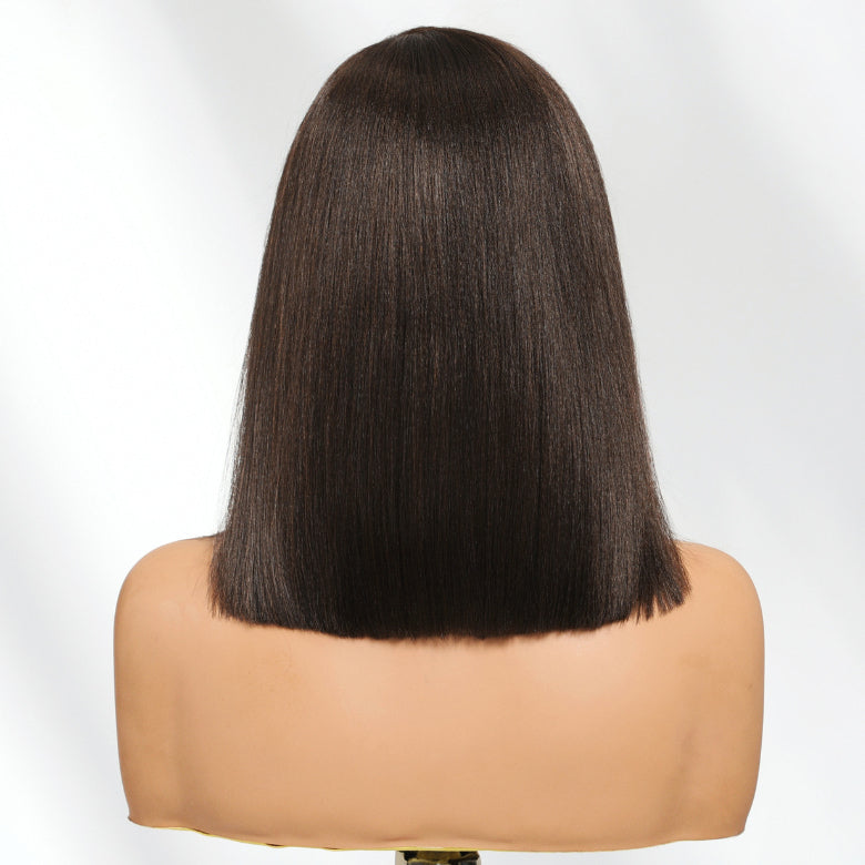 Klaiyi 7×5 Dark Chocolate Brown Side Part Yaki Straight Bob Bye-Bye Knots Wig with Invisi Drawstring