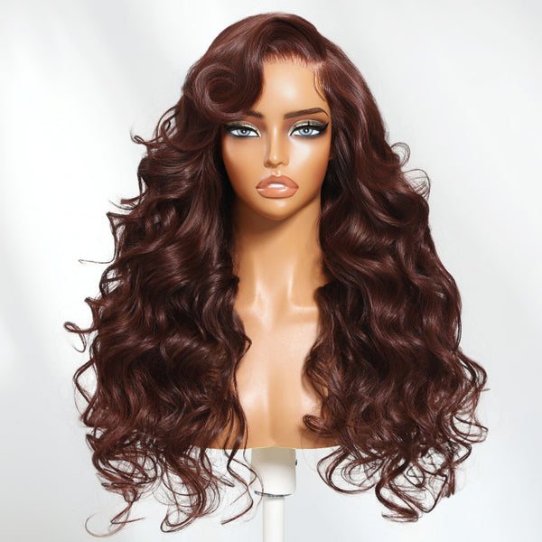 Klaiyi Burgundy Brown Romantic Voluminous Curls 7×5 Bye Bye Knots Glueless Human Hair Wig with Invisible Drawstring