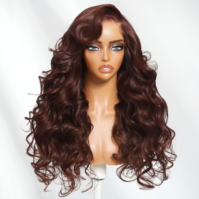 Klaiyi Burgundy Brown Romantic Voluminous Curls 7×5 Bye Bye Knots Glueless Human Hair Wig with Invisible Drawstring