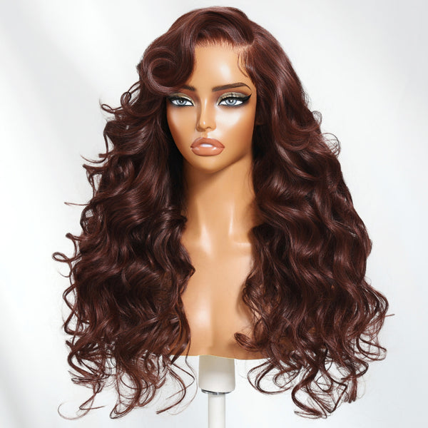 Klaiyi Burgundy Brown Romantic Voluminous Curls 7×5 Bye Bye Knots Glueless Human Hair Wig with Invisible Drawstring