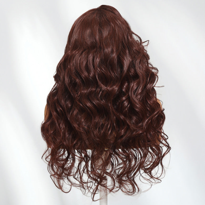 Klaiyi Burgundy Brown Romantic Voluminous Curls 7×5 Bye Bye Knots Glueless Human Hair Wig with Invisible Drawstring