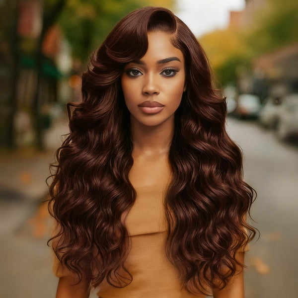 Klaiyi Burgundy Brown Romantic Voluminous Curls 7×5 Bye Bye Knots Glueless Human Hair Wig with Invisible Drawstring