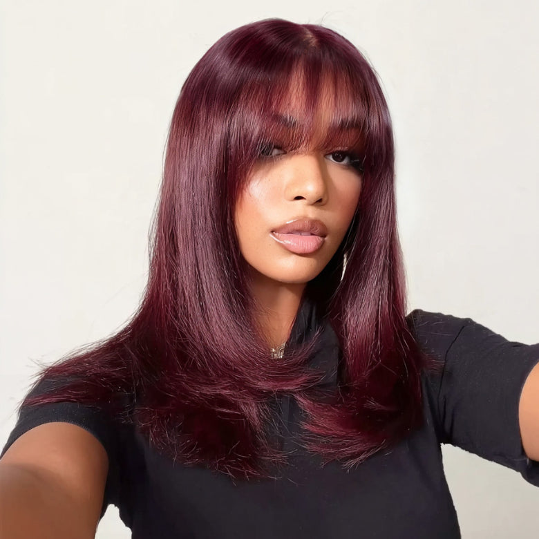 Klaiyi Black Cherry 7x5 Bye Bye Knots Layered Wolf Cut with Wispy Bangs Mid-length Sleek Bob Glueless Lace wig with Invisi Drawstring