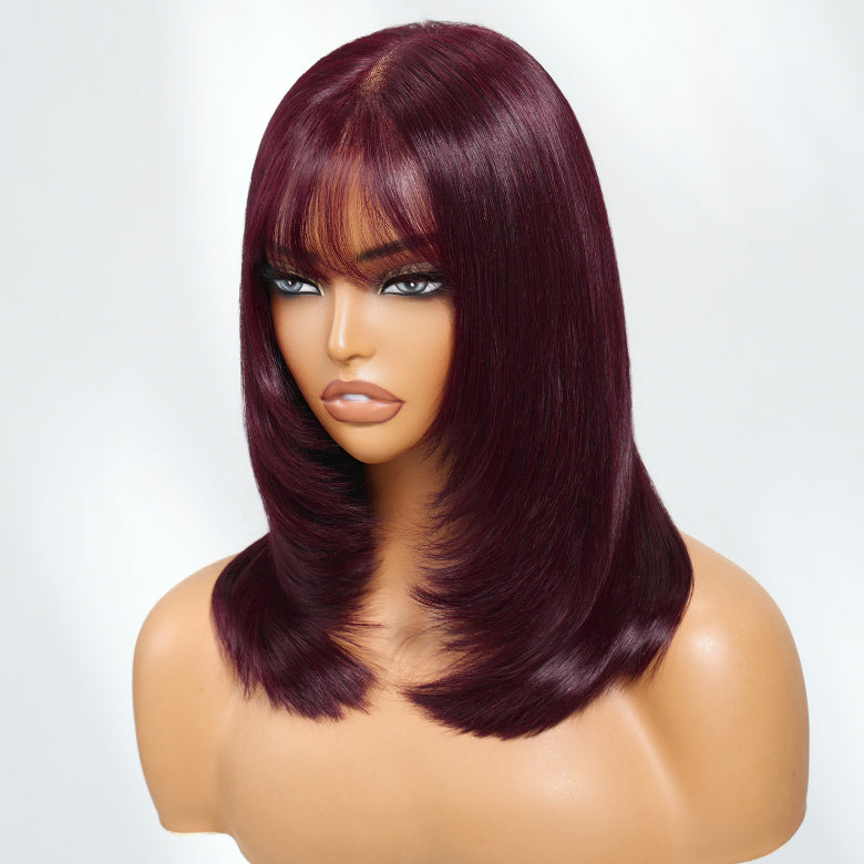 Klaiyi Black Cherry 7x5 Bye Bye Knots Layered Wolf Cut with Wispy Bangs Mid-length Sleek Bob Glueless Lace wig with Invisi Drawstring