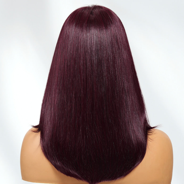 Klaiyi Black Cherry 7x5 Bye Bye Knots Layered Wolf Cut with Wispy Bangs Mid-length Sleek Bob Glueless Lace wig with Invisi Drawstring