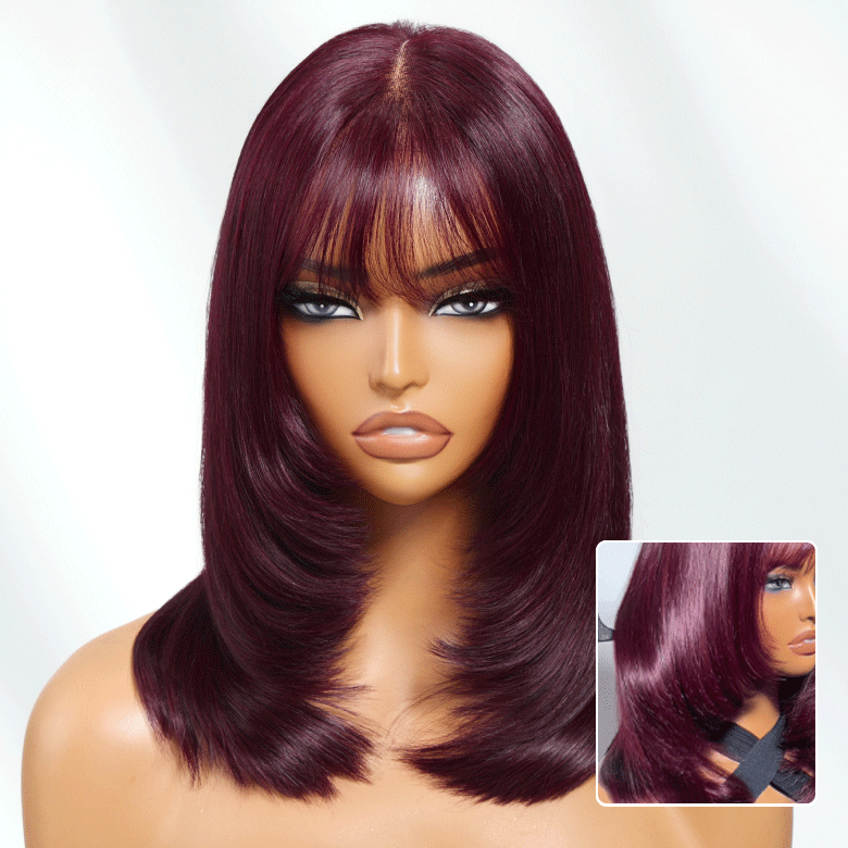 Klaiyi Black Cherry 7x5 Bye Bye Knots Layered Wolf Cut with Wispy Bangs Mid-length Sleek Bob Glueless Lace wig with Invisi Drawstring