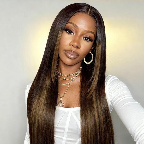 Klaiyi Yaki Straight Ombre Chestnut Brown Face-Framing Graduated Layers 7x5 Bye Bye Knots Glueless Human Hair Wigs with Invisi Drawstring