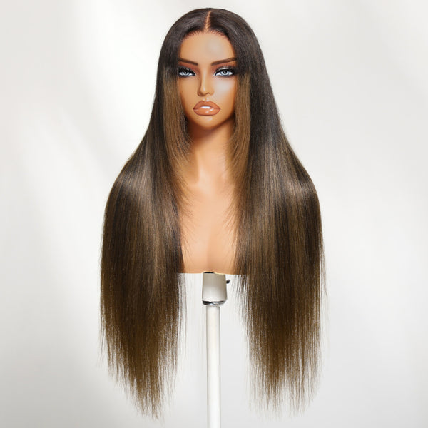 Klaiyi Yaki Straight Ombre Chestnut Brown Face-Framing Graduated Layers 7x5 Bye Bye Knots Glueless Human Hair Wigs with Invisi Drawstring