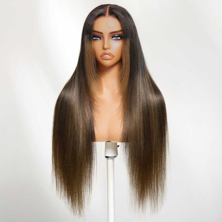 Klaiyi Yaki Straight Ombre Chestnut Brown Face-Framing Graduated Layers 7x5 Bye Bye Knots Glueless Human Hair Wigs with Invisi Drawstring