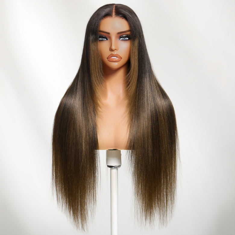 Klaiyi Yaki Straight Ombre Chestnut Brown Face-Framing Graduated Layers 7x5 Bye Bye Knots Glueless Human Hair Wigs with Invisi Drawstring