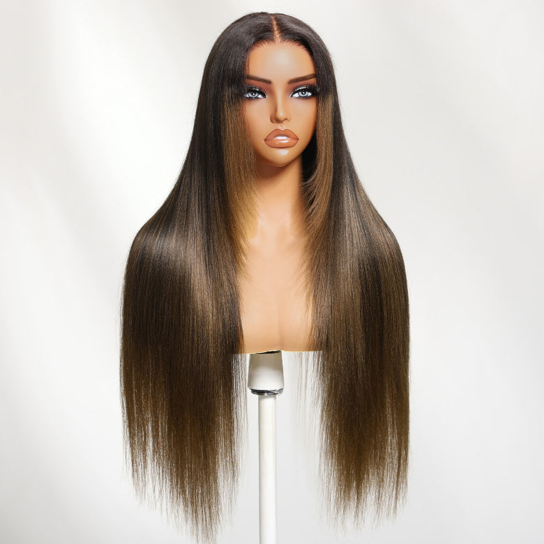 Klaiyi Yaki Straight Ombre Chestnut Brown Face-Framing Graduated Layers 7x5 Bye Bye Knots Glueless Human Hair Wigs with Invisi Drawstring