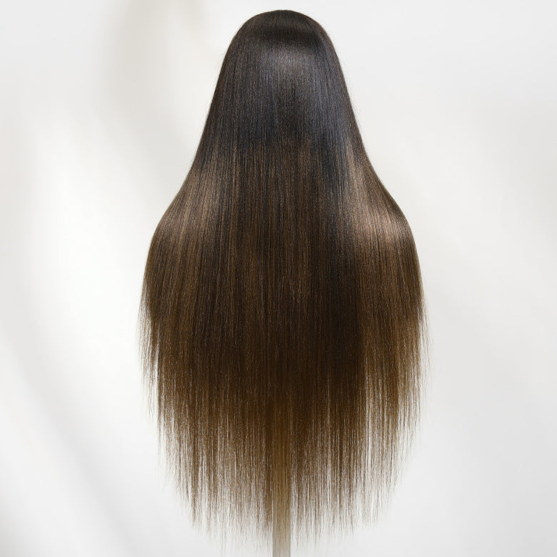Klaiyi Yaki Straight Ombre Chestnut Brown Face-Framing Graduated Layers 7x5 Bye Bye Knots Glueless Human Hair Wigs with Invisi Drawstring
