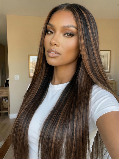 Klaiyi 7x5 No-Slip Glueless Yaki Straight Wig Golden Brown Highlight  150% Density Bye-Bye Knots Lace Closure Put-On & Go