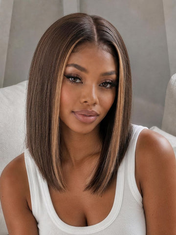 Klaiyi Mocha Brown Highlight Bob Wig with Caramel Highlights 7x5 Bye-Bye Knots Wig Flash Sale