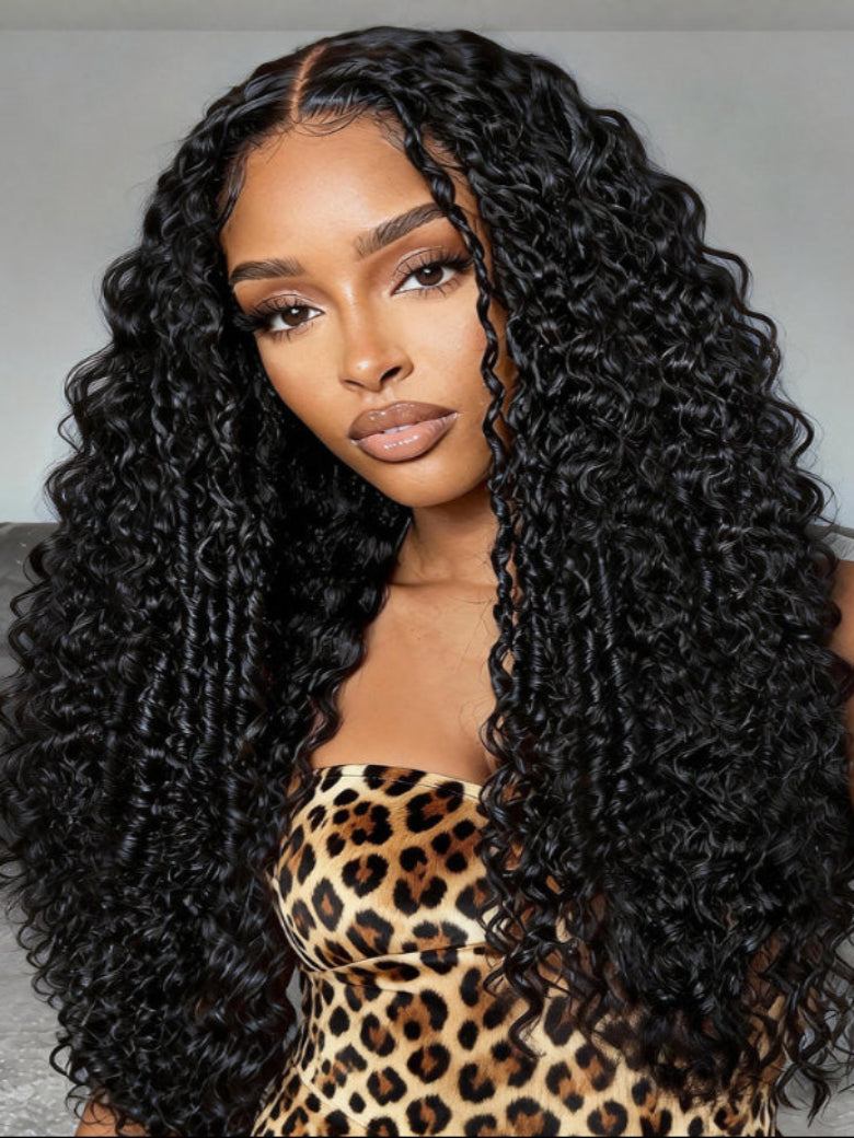 Klaiyi 7x5 Glueless Water Wave Wig with Burmese Curl Mix Pre-Styled Twist & Finger Coil Ends Put On And Go Gluless Lace Human Hair