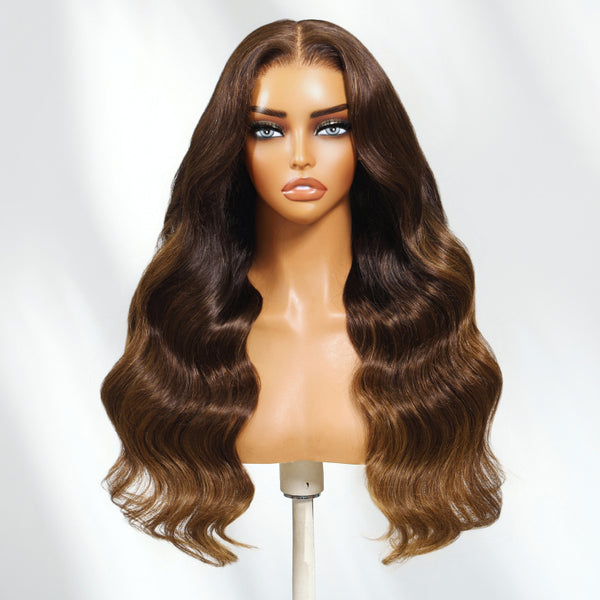 Klaiyi  3-Tone Brown Ombre with Golden Ends 13x4 Pre Everything Body Wave Lace Front Wig With Invisible Drawstring