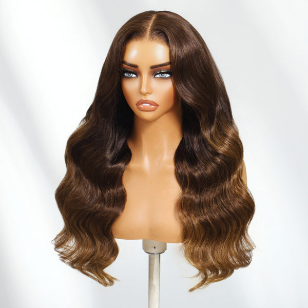 Klaiyi  3-Tone Brown Ombre with Golden Ends 13x4 Pre Everything Body Wave Lace Front Wig With Invisible Drawstring