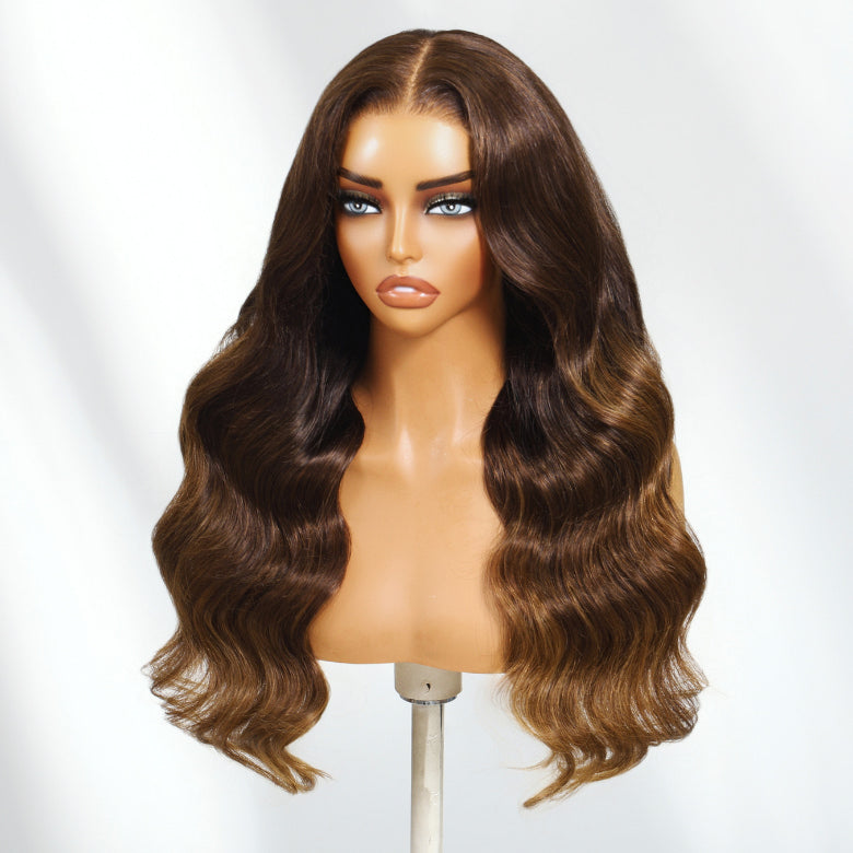 Klaiyi  3-Tone Brown Ombre with Golden Ends 13x4 Pre Everything Body Wave Lace Front Wig With Invisible Drawstring