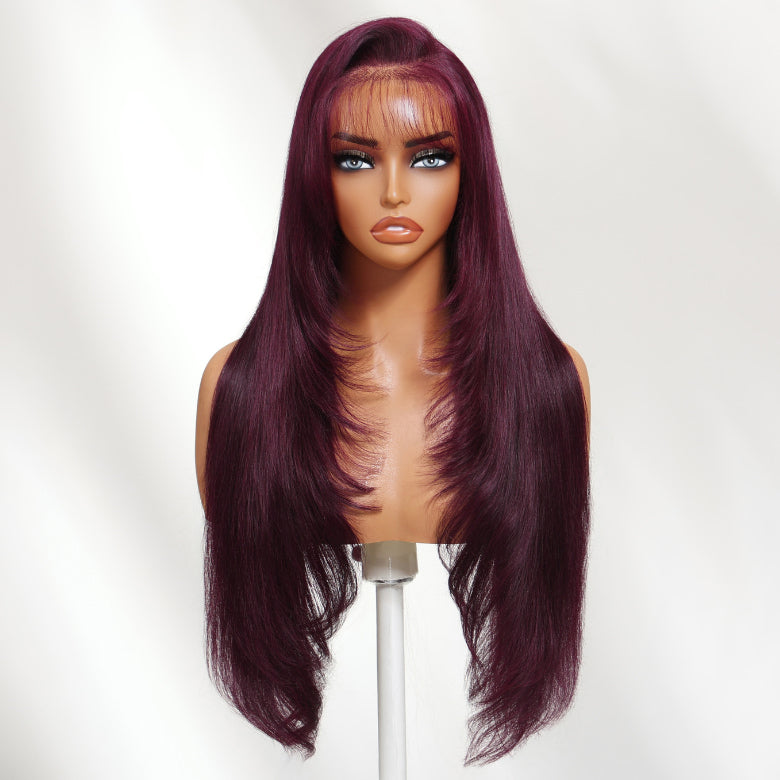 Klaiyi Black Cherry 7x5 Bye Bye Knots Silky Straight With Wispy Bangs Face-Framing Layers Glueless Natural Volume Style