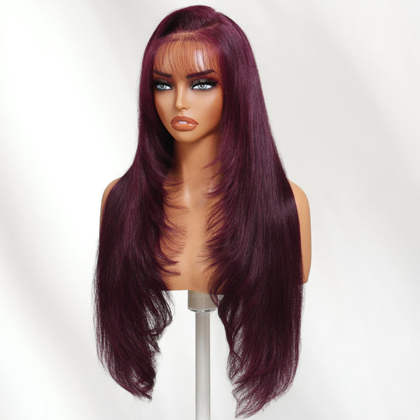 Klaiyi Black Cherry 7x5 Bye Bye Knots Silky Straight With Wispy Bangs Face-Framing Layers Glueless Natural Volume Style