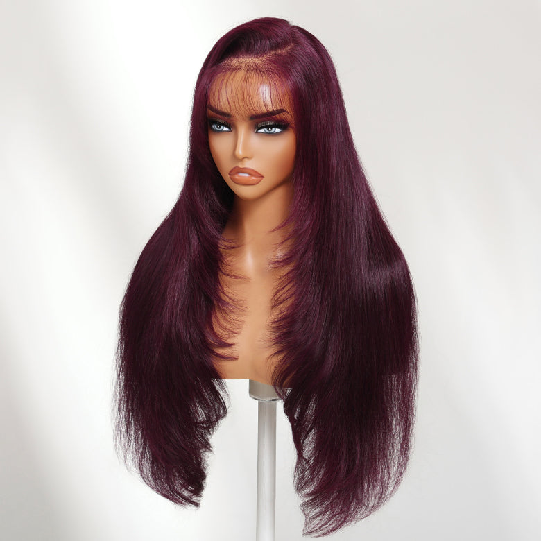 Klaiyi Black Cherry 7x5 Bye Bye Knots Silky Straight With Wispy Bangs Face-Framing Layers Glueless Natural Volume Style