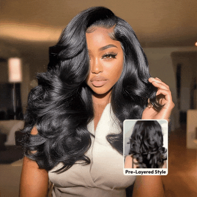 Klaiyi 7×5 Bye-Bye Slip Lace Wig Put On And Go Feathered Layer Left Side Part 200% Density with Invisible Drawstring