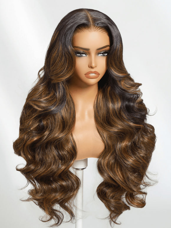 Klaiyi Ombre Brown Balayage Highlight Body Wave 7x5 Bye Bye Knots Wig Precolored Glueless Human Hair Lace Wig