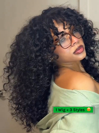 Klaiyi T-Part Shaggy Curly Wig with Bangs Natural Black Afro Curls with Drawstring Glueless Beginner-Friendly