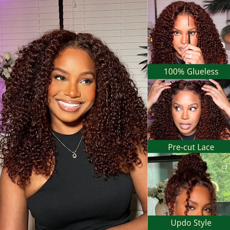 Klaiyi Hair 6x475 Pre-Cut Swiss Lace Wig Put On and Go Reddish Brown Color Jerry Curly Bleach Knots 103$