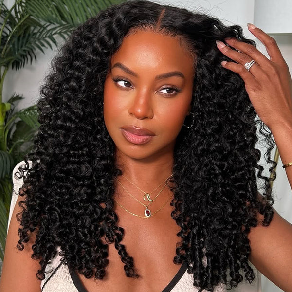 Klaiyi 7x5 Bye Bye Knots Curly Hair with Finger Coil Ends Put on and Go Glueless Human Hair Wig