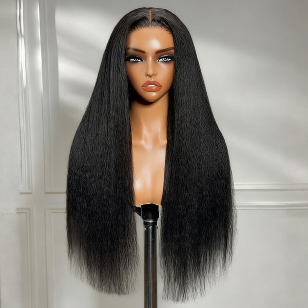 Klaiyi 13x4 HD Real Scalp Wig Invisible Lace Frontal Natural Black Kinky Straight Wig With Invisi Drawstring