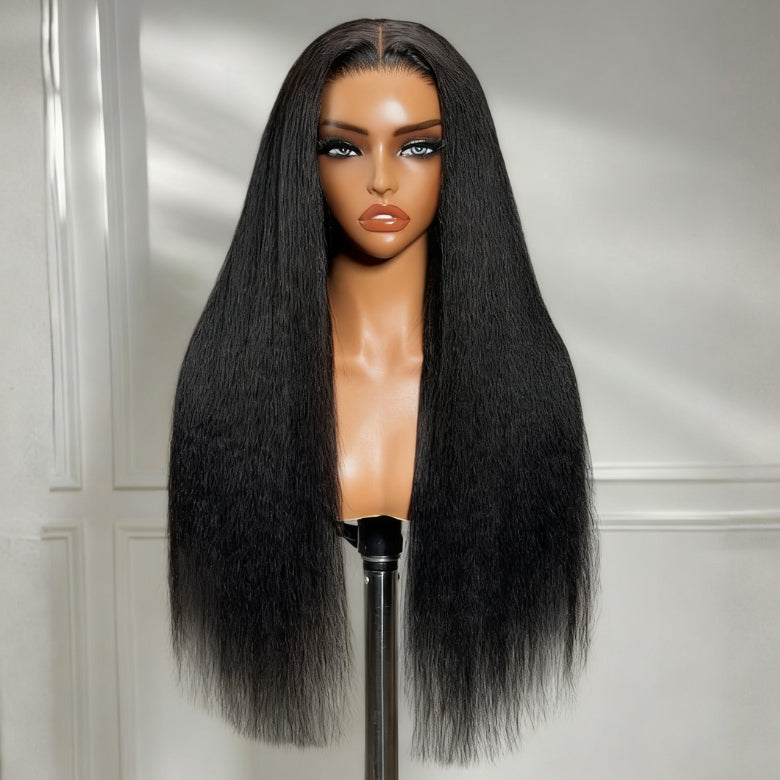 Klaiyi 13x4 HD Real Scalp Wig Invisible Lace Frontal Natural Black Kinky Straight Wig With Invisi Drawstring