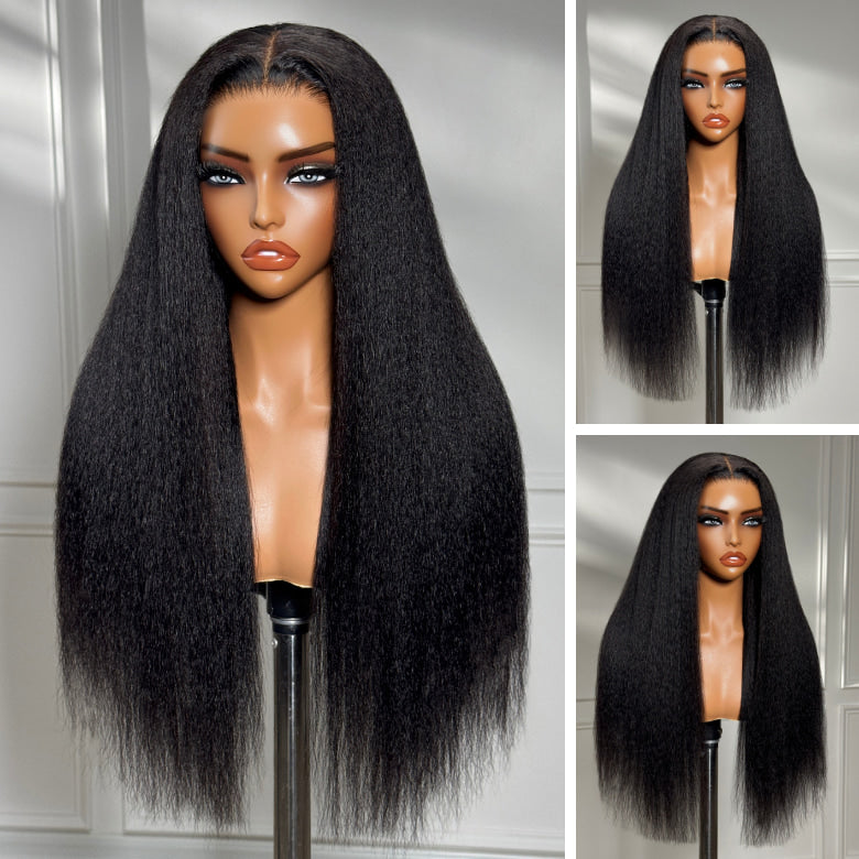 Klaiyi 13x4 HD Real Scalp Wig Invisible Lace Frontal Natural Black Kinky Straight Wig With Invisi Drawstring