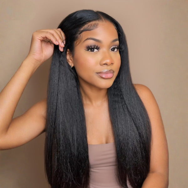 Klaiyi 13x4 HD Real Scalp Wig Invisible Lace Frontal Natural Black Kinky Straight Wig With Invisi Drawstring