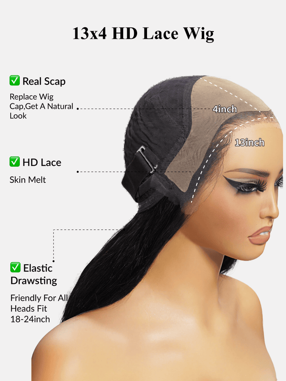 Perruque Klaiyi 13x4 HD Real Scalp, lace frontale invisible, noire naturelle, crépue et lisse, avec cordon de serrage invisible 