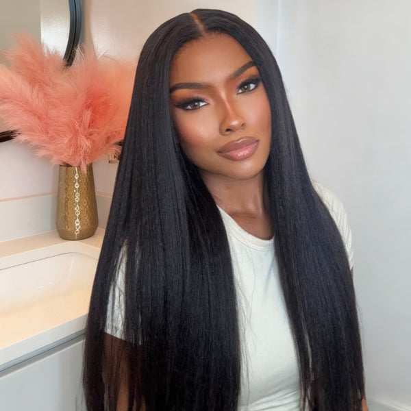 Klaiyi 13x4 HD Real Scalp Wig Invisible Lace Frontal Natural Black Kinky Straight Wig With Invisi Drawstring