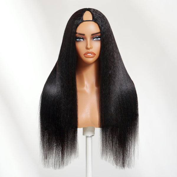 Klaiyi 2 in 1 Straight  V part Wig From Salon-Silk to Natural Blow Out Kinky Straight Glueless Wig Human Hair Wig With Invisible Drawstring