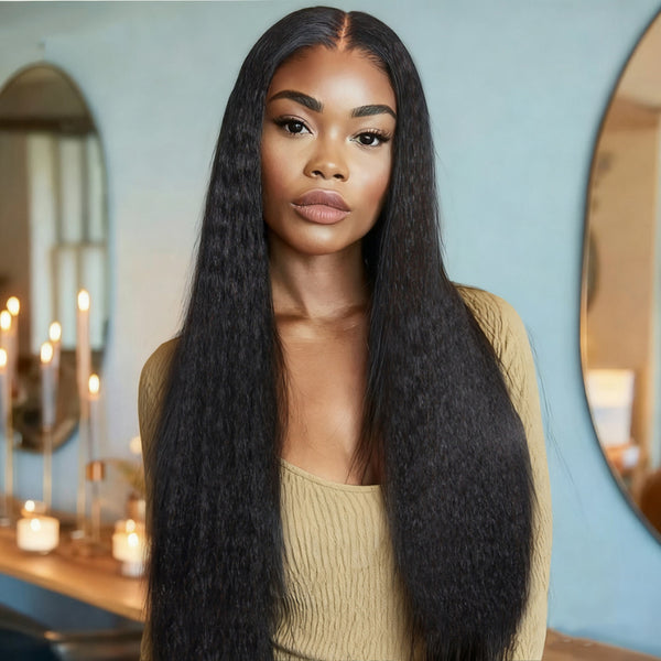 Klaiyi 2 in 1 Straight  V part Wig From Salon-Silk to Natural Blow Out Kinky Straight Glueless Wig Human Hair Wig With Invisible Drawstring