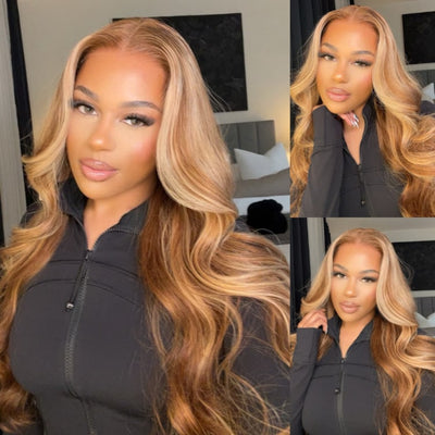 Klaiyi Ombre Highlight Blonde Body Wave 7x5 Bye Bye Knots Lace Wig Human Hair Put on and go Wigs