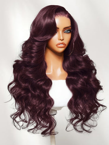 Klaiyi Black Cherry 7x5 Glueless Wig Blowout Glam Waves with Side-Swept Bangs Human Hair Put On & Go